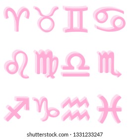 Vector Cartoon Set of 12 Pink Zodiac Signs