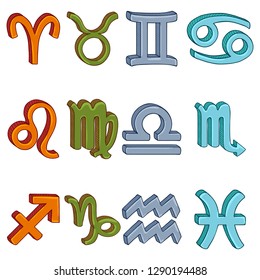 Vector Cartoon Set of 12 Zodiac Signs. Elements Color.