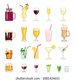 Vector Cartoon Set of Alcohol and Soft Drinks, Liquors, Cocktails.