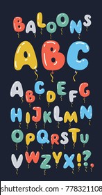 Vector cartoon set of alphabet in the form of balloons in different colors on black background. Perfect letters design for card and prints.