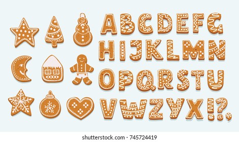 Vector cartoon set of alphabet holidays ginger cookie isolated on white background. Merry Christmas and Happy New Year figures cover by icing-sugar