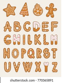 Vector cartoon set of alphabet holidays ginger cookie, and Merry Christmas and Happy New Year figures