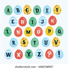 Vector cartoon set of The alphabet is made of eggs. Egg font alphabet. Easter ABC in different color and patterns on white background.