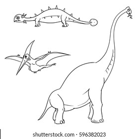  Vector Cartoon Set of ancient dinosaur monsters - ankylosaurus, brachiosaurus, pterodactylus