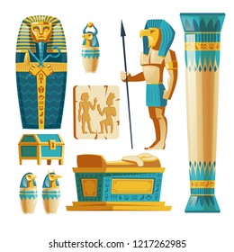 Vector cartoon set of ancient Egypt objects isolated on background. Egyptian civilization, mythology and religion. Statue of god with animal head, sarcophagus of pharaoh with hieroglyphs and symbols