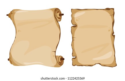 Vector cartoon set of ancient scroll and paper isolated on white background