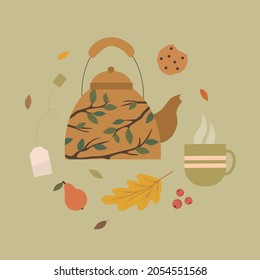 Vector cartoon set of autumn elements on a green background.  Illustration falling leaves, cozy food, pear, teapot. Art for kitchen cloth, packaging, textile, greeting card