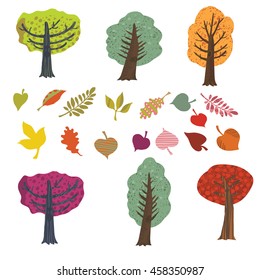 Vector cartoon set of autumn trees and colorful stylized leaves. Perfect for design posters, flyers, business cards, website, booklet and banner.