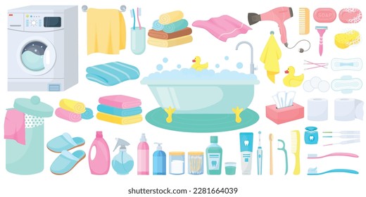 Vector cartoon set of bathroom hygiene items. The concept of cleanliness and self-care. Beautiful elements for your design.