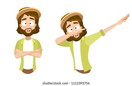Vector cartoon set of bearded hipster male character. Hippie guy wearing hat and urban style clothes. Vector illustration in cartoon flat style, isolated on a white background