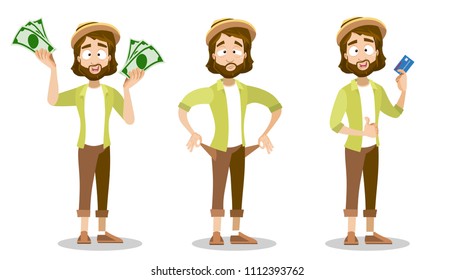 Dibujo vectorial de un personaje masculino hipster barbudo. Un tipo hippie con sombrero y ropa de estilo urbano. Personaje con billetes de dinero en sus manos, no tiene dinero, tiene una tarjeta de plástico.