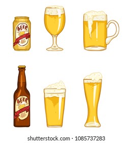 Vector Cartoon Set of Beer Glasses, Bottle and Can. Light Beer