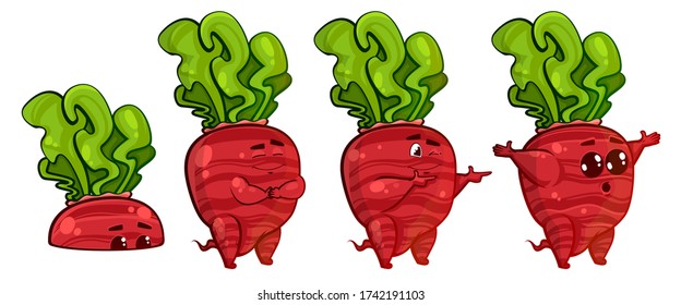 Vector cartoon set of beet characters  with different emotions isolated on white background