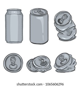 Vector Cartoon Set of Blank Gray Aluminium Can Illustrations