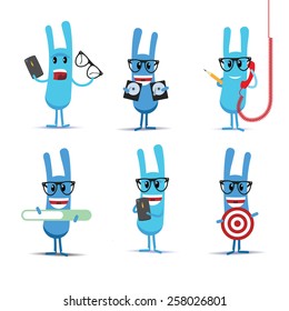 Vector cartoon set of  blue rabbits characters