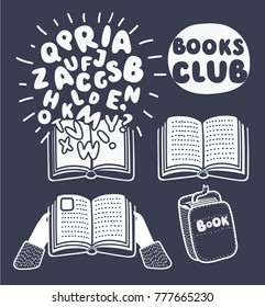 Vector cartoon set of books and letters. Hand holds book, open book and letters in black and white colors. Illustration in modern style.