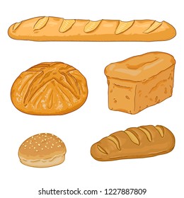 Vector Cartoon Set of Bread Loaves and Baguettes