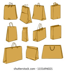 Vector Cartoon Set of Brown Craft Paper Shopping Bags