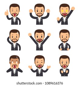 Vector cartoon set of businessman faces showing different emotions for design.
