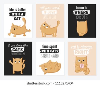 Vector cartoon set of cards with cute cats and funny lettering phrases. Perfect for postcard, poster, Valentine's day, anniversary, birthday, baby book. 