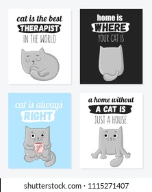 Vector cartoon set of cards with cute cats and funny lettering phrases. Perfect for postcard, poster, Valentine's day, anniversary, birthday, baby book. 