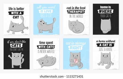 Vector cartoon set of cards with cute cats and funny lettering phrases. Perfect for postcard, poster, Valentine's day, anniversary, birthday, baby book. 
