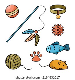 Juego de dibujos animados vectores de juguetes de gato y collar. Iconos aislados de diferentes bolas, ratones y peces, vara con plumas