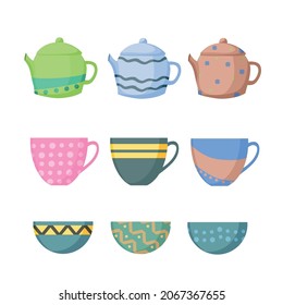 Vector cartoon set of ceramic pasuda - cups, bowls and teapots. Cartoon style.