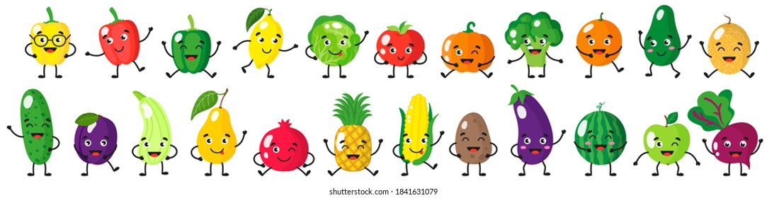 Vector cartoon set of cheerful cute fruits and vegetables characters with different poses and emotions isolated on white background. Childrens illustration concept.