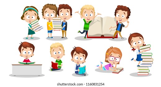 Vector cartoon set of children with books. Different poses, emotions and expressions. Isolated on white background