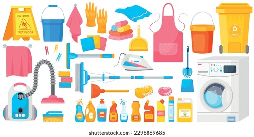 Vector cartoon set with cleaning and laundry items. The concept of cleanliness and cleaning. Cute elements for your design.