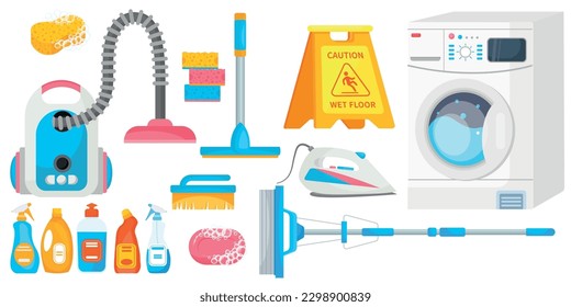 Vector cartoon set with cleaning and laundry items. The concept of cleanliness and cleaning. Cute elements for your design.