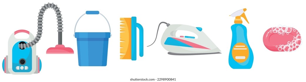 Vector cartoon set with cleaning and laundry items. The concept of cleanliness and cleaning. Cute elements for your design.