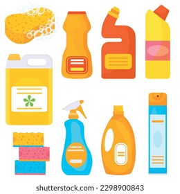 Vector cartoon set with cleaning and laundry items. The concept of cleanliness and cleaning. Cute elements for your design.