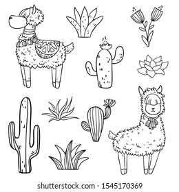 Vector cartoon set collection with cute fluffy llamas and decorative cactuses, succulents