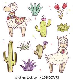 Vector cartoon set collection with cute fluffy llamas and decorative cactuses, succulents