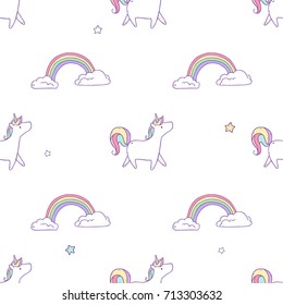 Vector cartoon set collection seamless pattern with unicorns, clouds and rainbow on white background