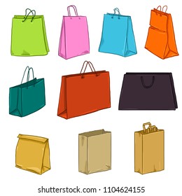 Vector Cartoon Set of Color Paper and Plastic Shopping Bags