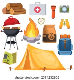 Vektorgrafik-Set von bunten Campingbildern. Das Konzept des Wanderns und Reisens im Wald. Elemente für Ihr Design.