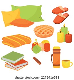 Vector cartoon set. Colorful elements for your design. The concept of warmth and comfort. Warm shades. Autumn and household items