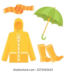 Vector cartoon set. Colorful elements for your design. The concept of warmth and comfort. Warm shades. Autumn clothes. Raincoat, scarf