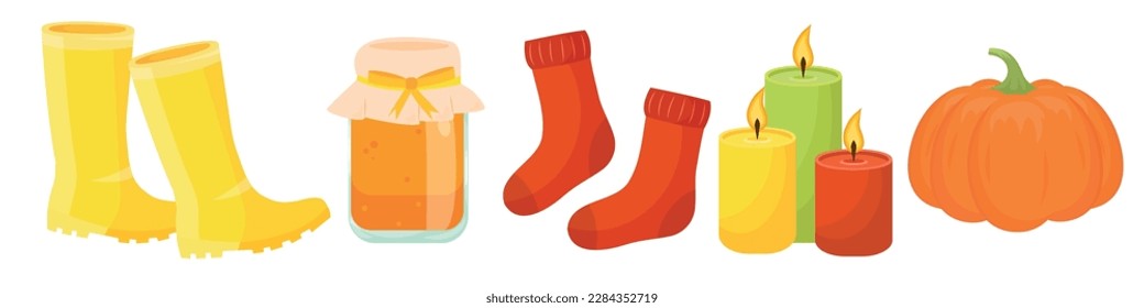 Vector cartoon set. Colorful elements for your design. The concept of warmth and comfort. Warm shades. Autumn and household items