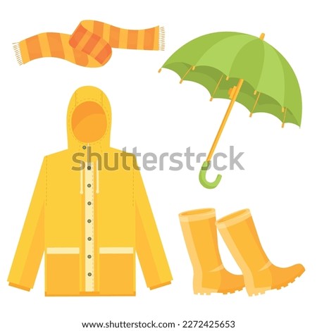 Vector cartoon set. Colorful elements for your design. The concept of warmth and comfort. Warm shades. Autumn clothes. Raincoat, scarf
