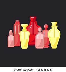 Viñeta vectorial de coloridas botellas de perfume sobre el fondo oscuro para juegos y banners de los mercados cosméticos. Todos los elementos están aislados. Colores azul rosa naranja. Estilo moderno y plano. Botella de belleza 3D.