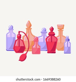 Viñeta vectorial de coloridas botellas de perfume sobre el fondo blanco para juegos y banners de los mercados cosméticos. Todos los elementos están aislados. Colores azul rosa naranja. Estilo moderno y plano. Botella de belleza 3D.
