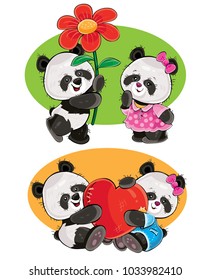 Vector cartoon set with a couple of panda bears in love, with soft red heart and with flower isolated on background. Cute animal characters, clipart for greeting cards, stickers, prints for t-shirt