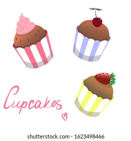 Vector cartoon set of Cupcakes colorful illustration. Tasty sweet Dessert