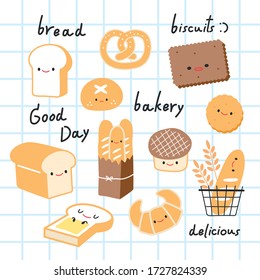 vector cartoon set cute bread and Desserts characters. Collection bakery food.