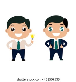 Vector. Cartoon set of cute businessman or managers character in different poses isolated on white. Flat. The path to success and wealth. Finance. Gold coin. Creative man in a blue suit. Thumbs up.