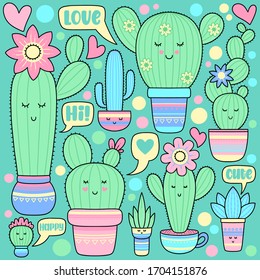 Vector cartoon set of cute Cacti. Design for cards, clothes and other